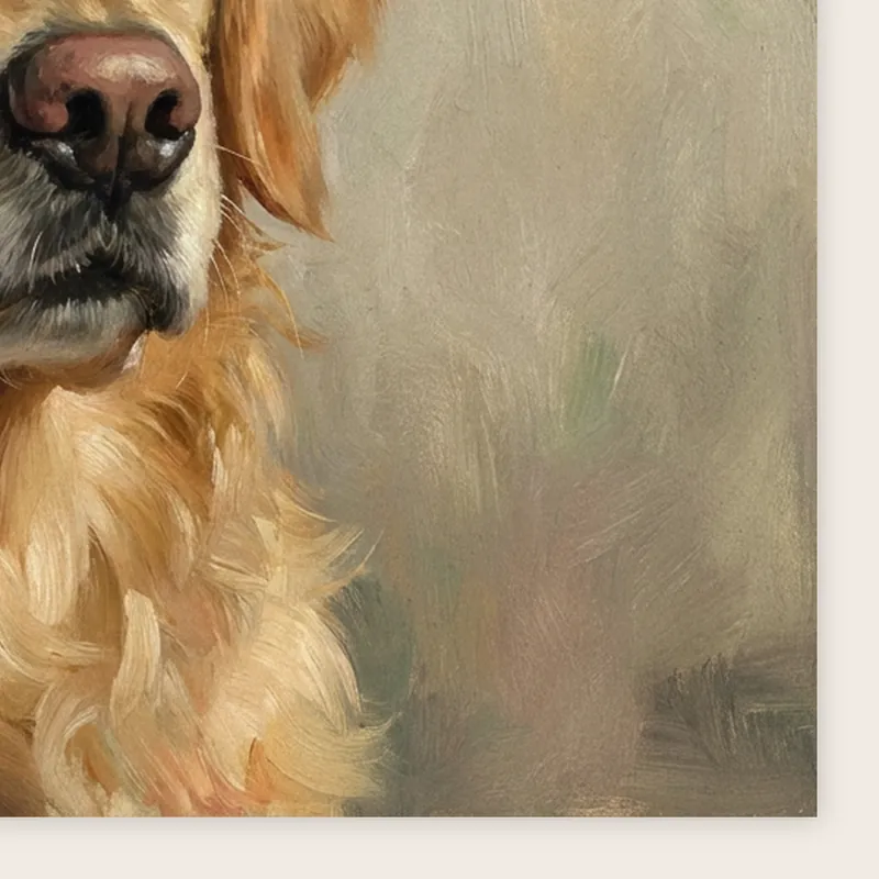 Close-up of the corner of the poster: the straight trimmed edge of 250gsm uncoated off-white paper, flat ink, printed with an AI-made sample portrait of a golden retriever in an oil painting style.