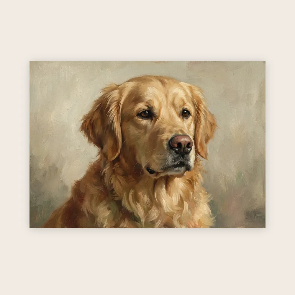 Poster, A2, landscape: an unframed sheet of 250gsm uncoated off-white paper, trimmed to the print, printed with an AI-made sample portrait of a golden retriever in an oil painting style.