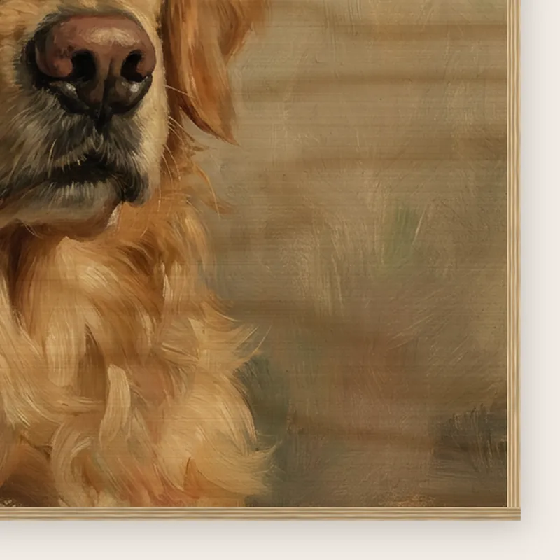 Close-up of the corner of the wood print: the 10 mm plywood edge and the grain showing through the print, printed with an AI-made sample portrait of a golden retriever in an oil painting style.