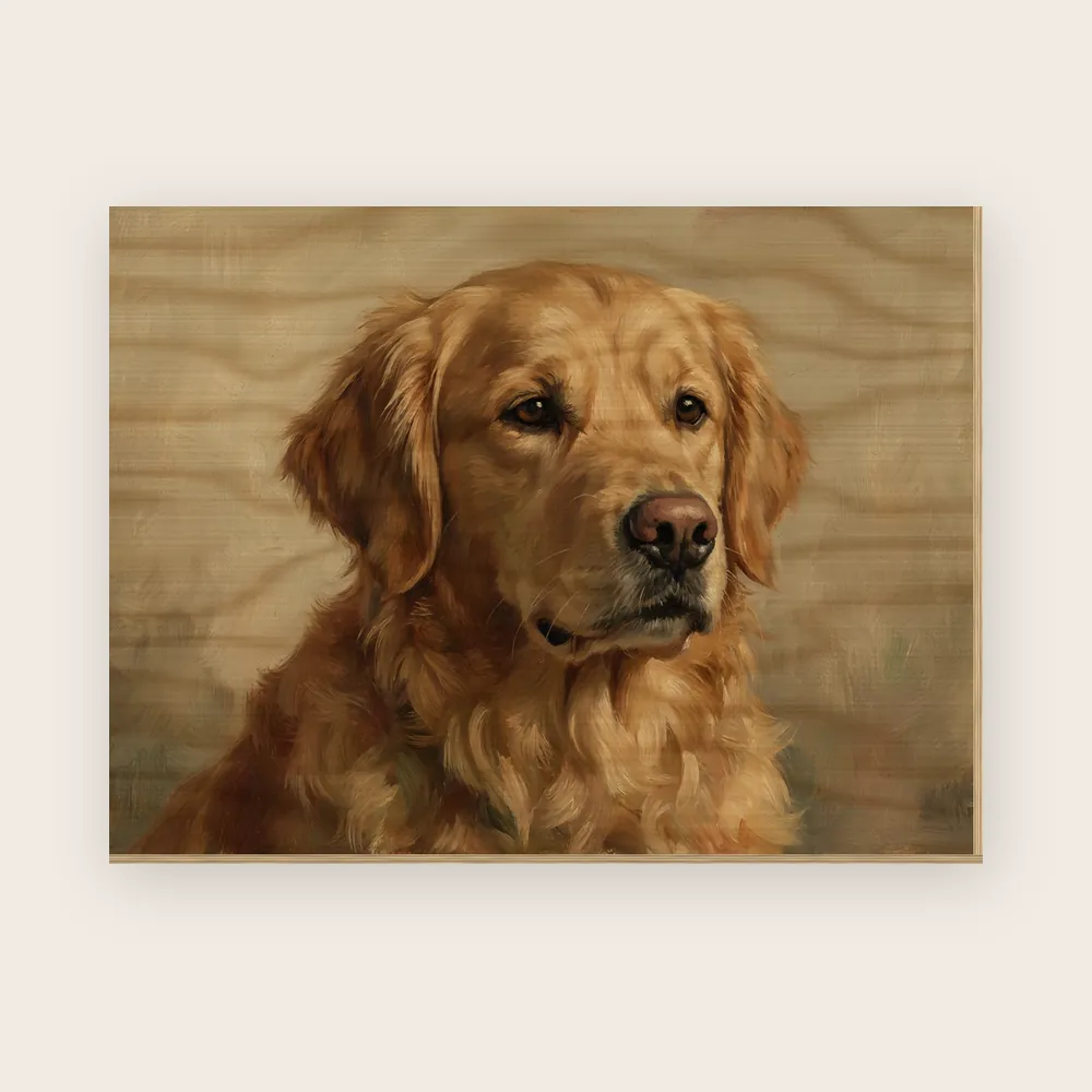 Wood print, 30 × 40 cm, landscape: a frameless 10 mm plywood panel with the wood grain showing through the pale areas, printed with an AI-made sample portrait of a golden retriever in an oil painting style.